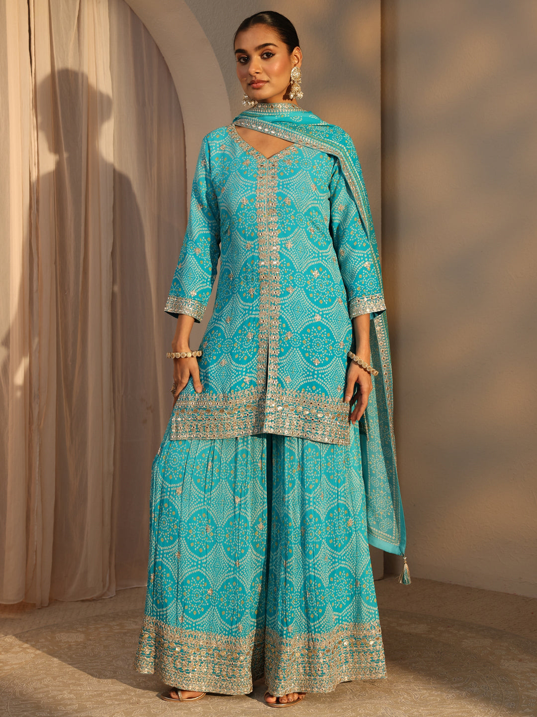  Libas Art Blue Bandhani Printed Chinon Straight Suits Set With Dupatta 