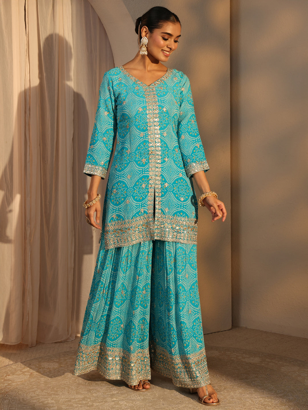  Libas Art Blue Bandhani Printed Chinon Straight Suits Set With Dupatta 