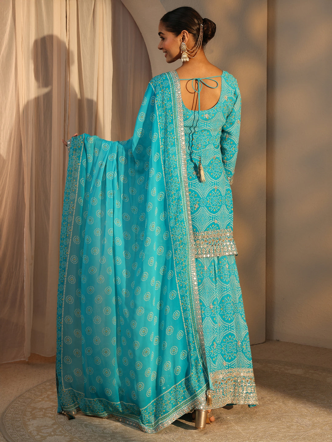  Libas Art Blue Bandhani Printed Chinon Straight Suits Set With Dupatta 