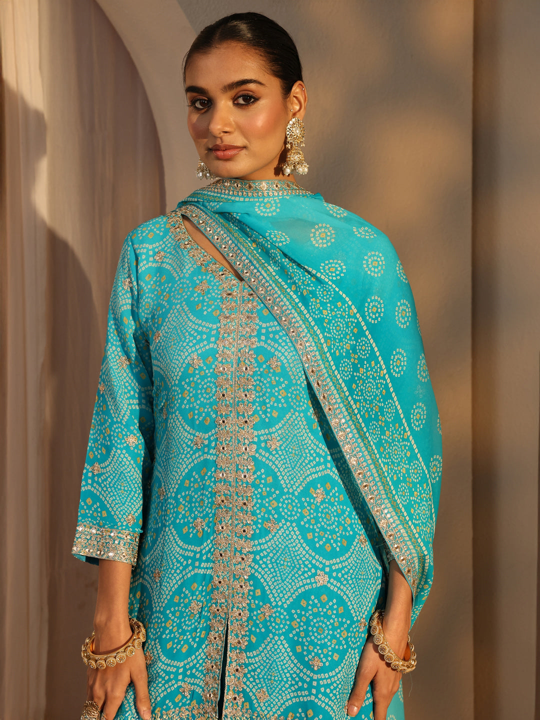  Libas Art Blue Bandhani Printed Chinon Straight Suits Set With Dupatta 
