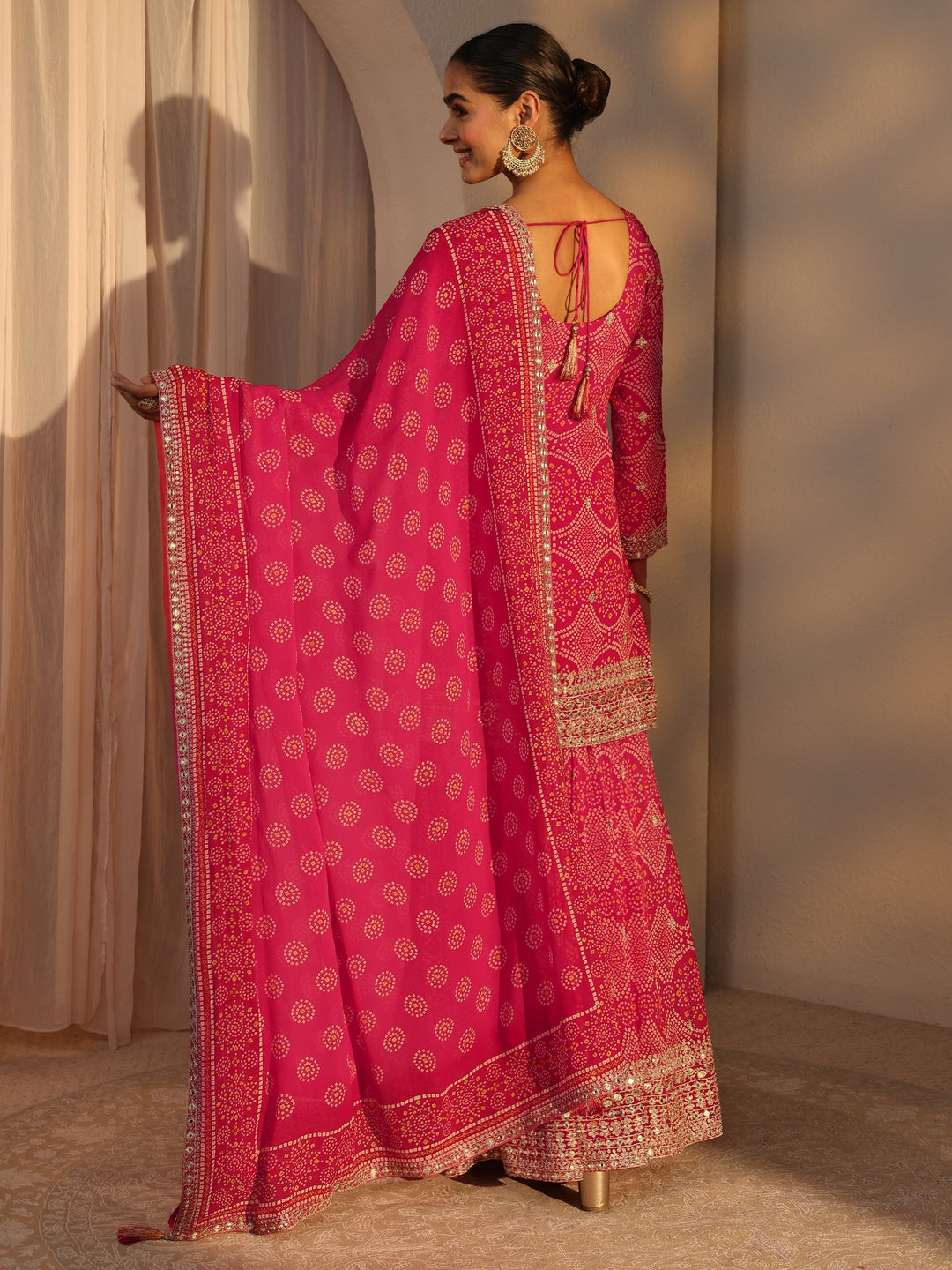 Libas Art Pink Bandhani Printed Chinon Straight Suits Set With Dupatta 