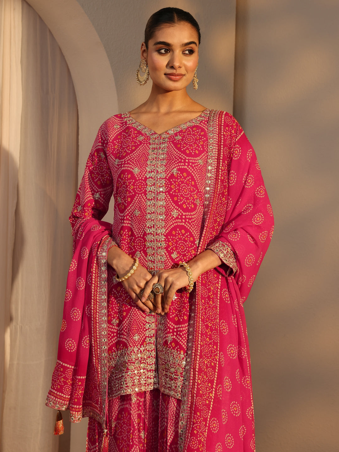  Libas Art Pink Bandhani Printed Chinon Straight Suits Set With Dupatta 