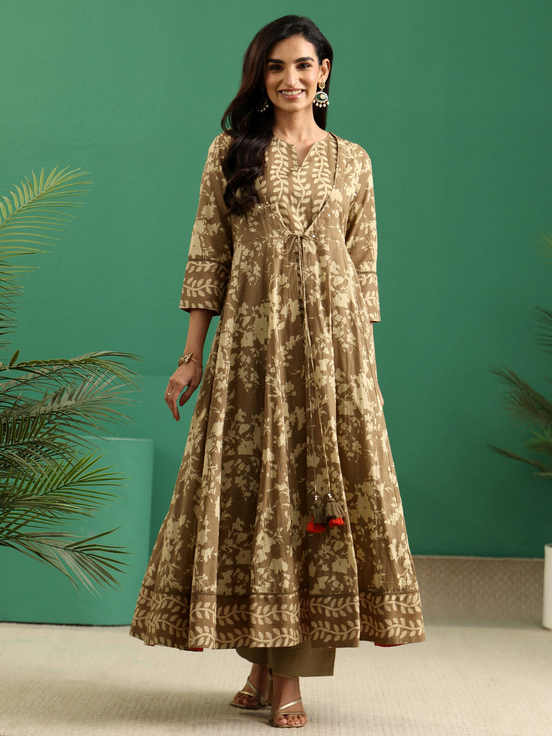  Libas Beige Floral Printed Cotton Kurta Set with Long Jacket 
