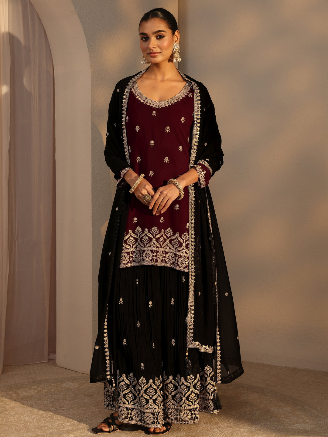  Libas Art Maroon Floral Embroidered Georgette Straight Suits Set With Dupatta 