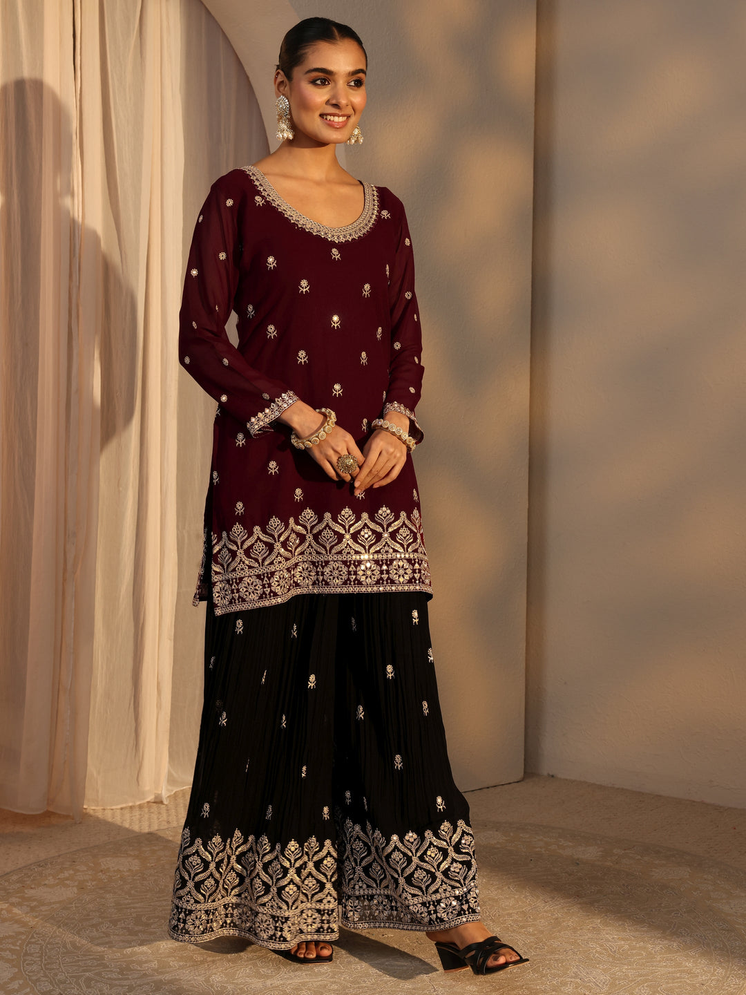  Libas Art Maroon Floral Embroidered Georgette Straight Suits Set With Dupatta 