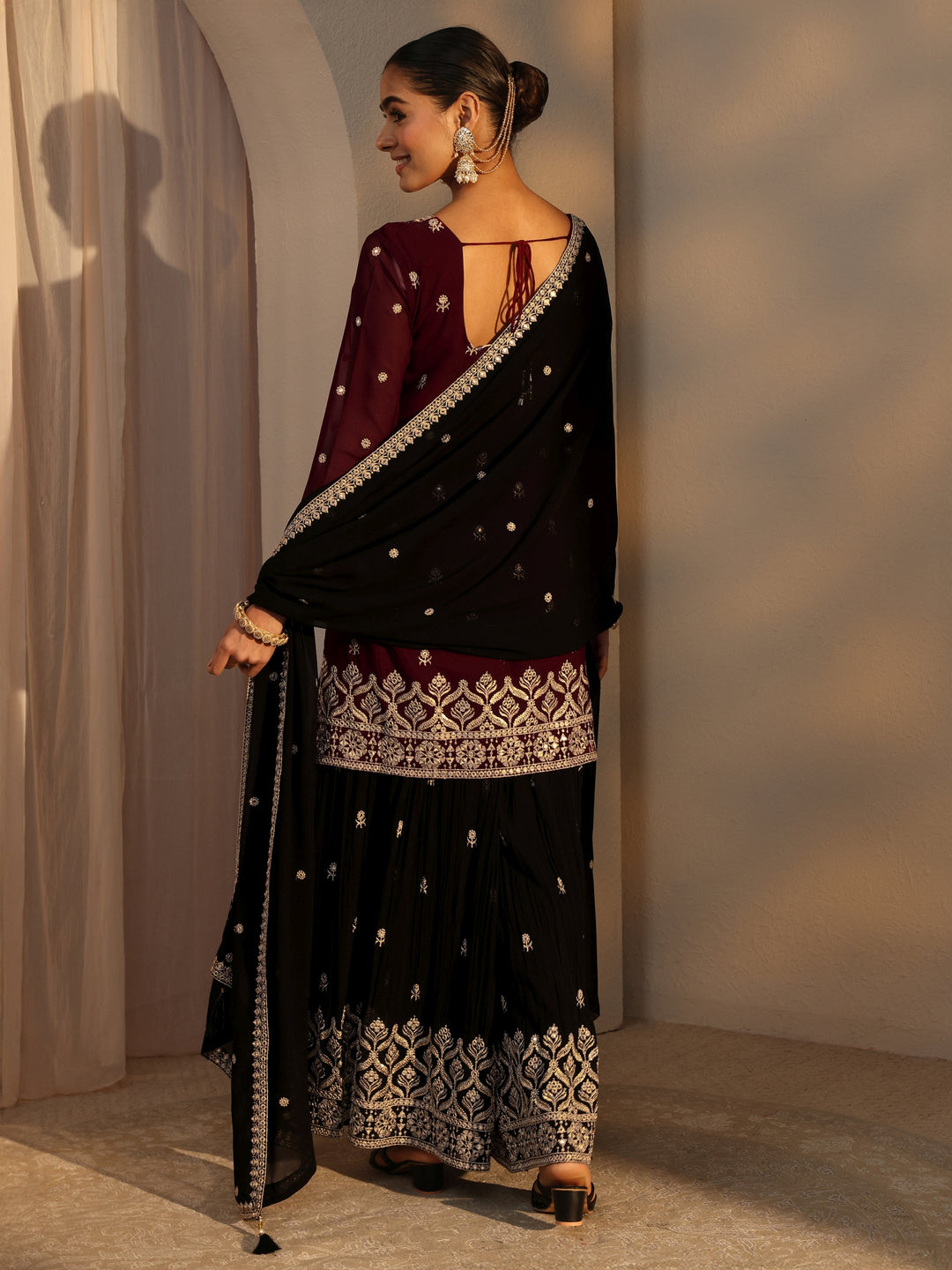  Libas Art Maroon Floral Embroidered Georgette Straight Suits Set With Dupatta 