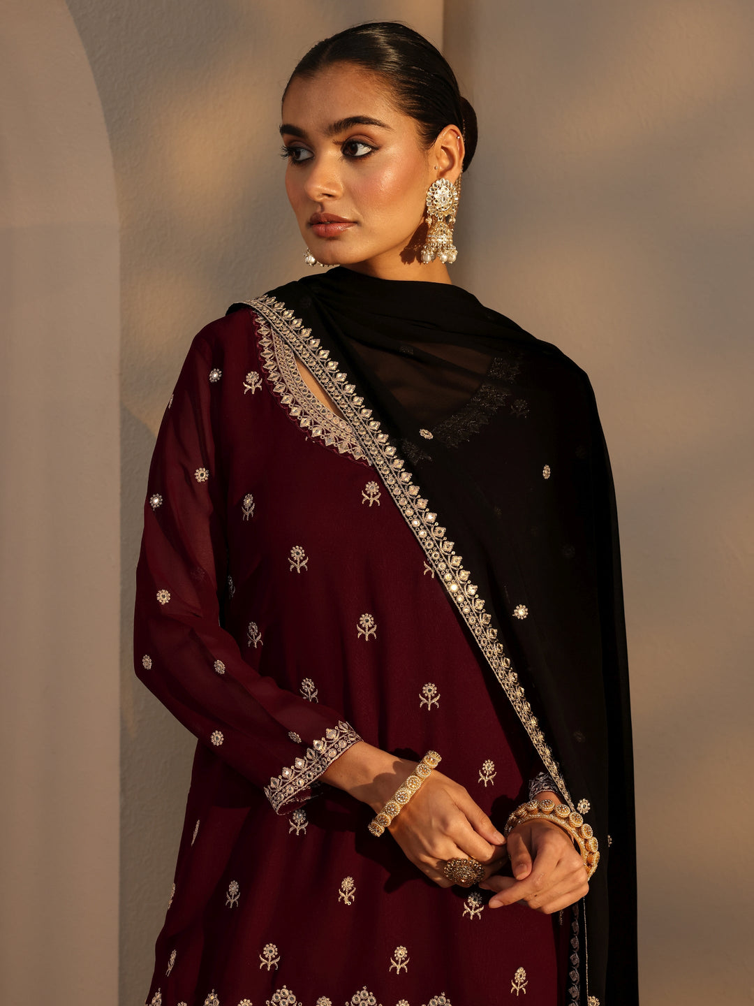  Libas Art Maroon Floral Embroidered Georgette Straight Suits Set With Dupatta 