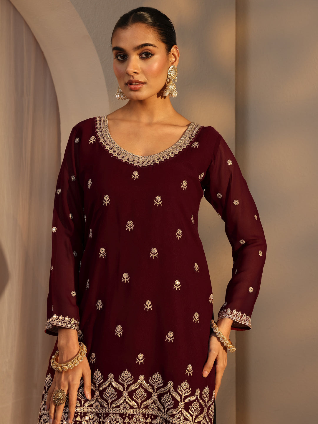  Libas Art Maroon Floral Embroidered Georgette Straight Suits Set With Dupatta 