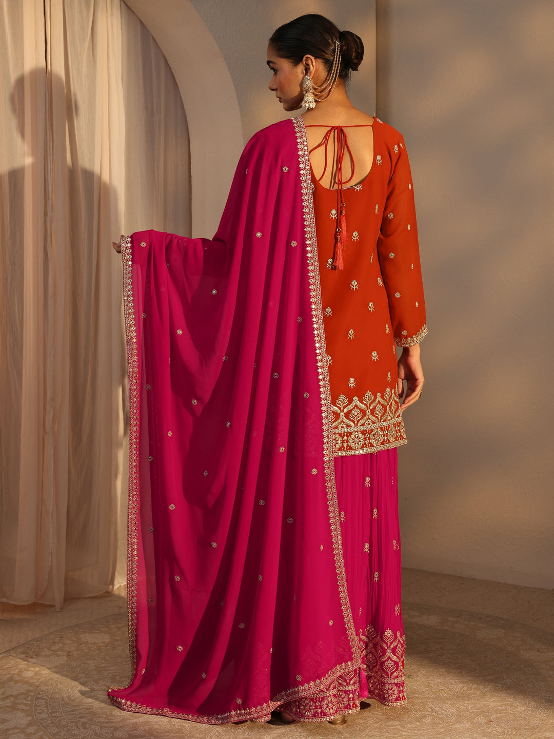  Libas Art Orange Floral Embroidered Georgette Straight Suits Set With Dupatta 