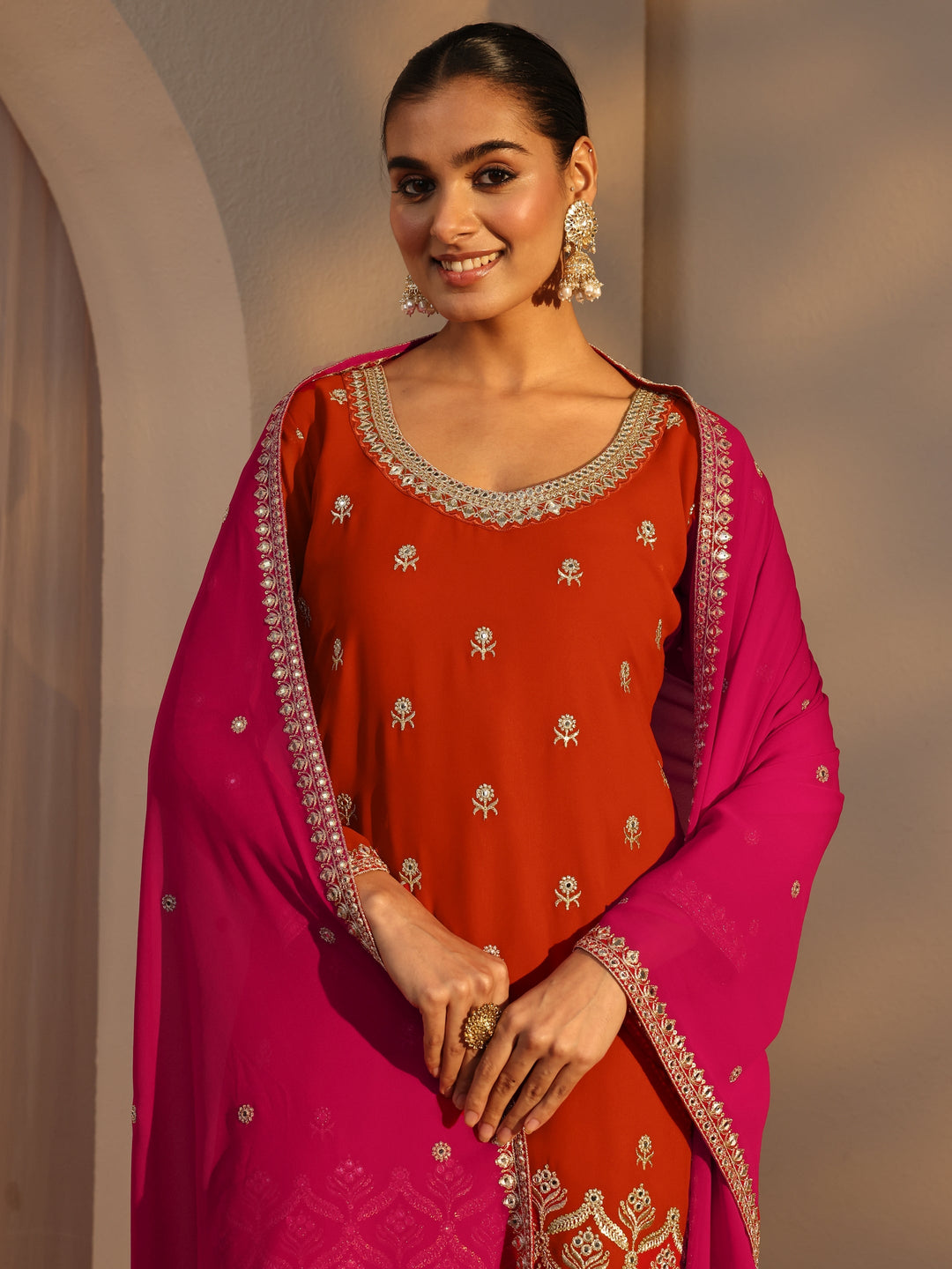  Libas Art Orange Floral Embroidered Georgette Straight Suits Set With Dupatta 