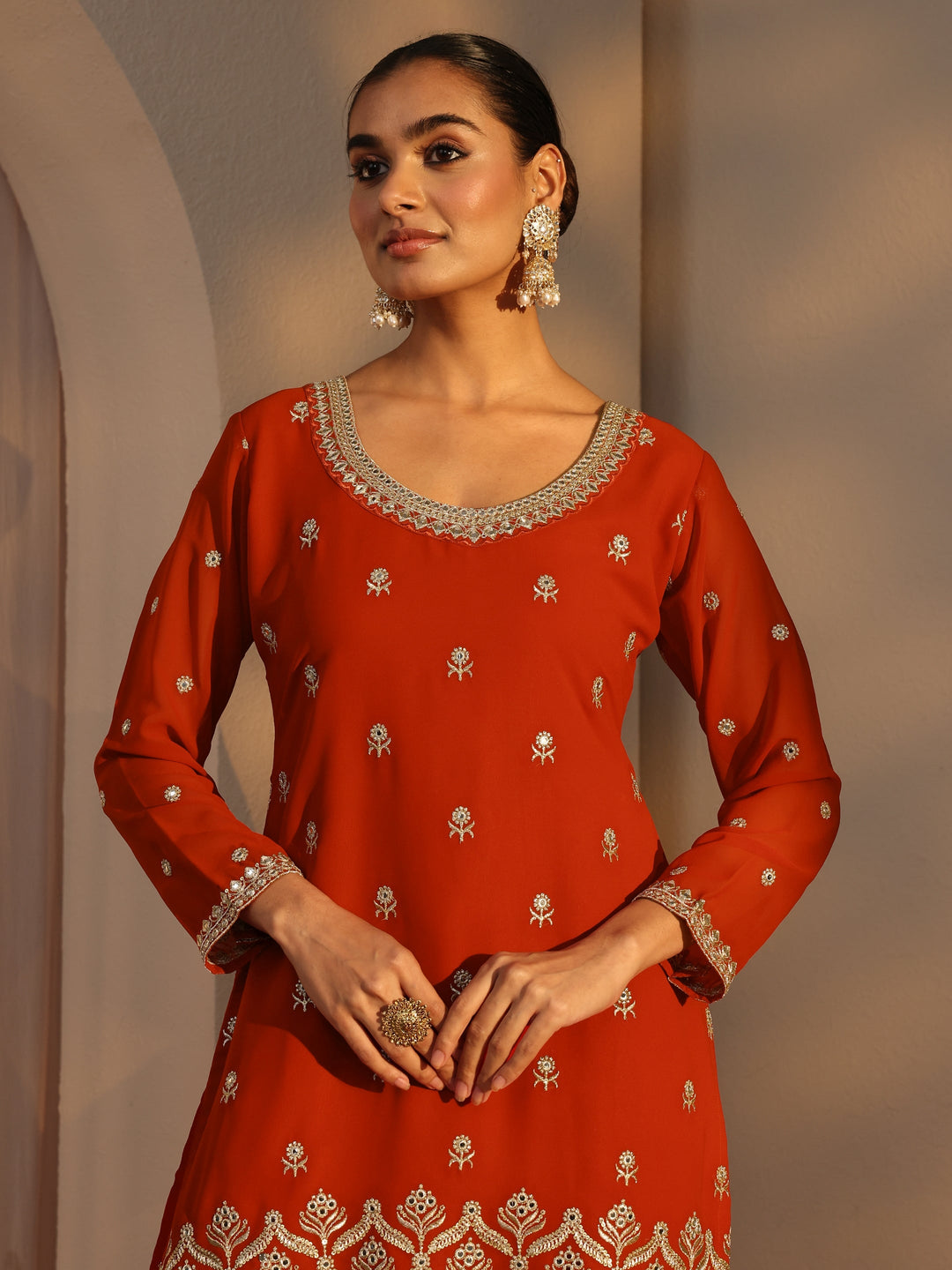  Libas Art Orange Floral Embroidered Georgette Straight Suits Set With Dupatta 