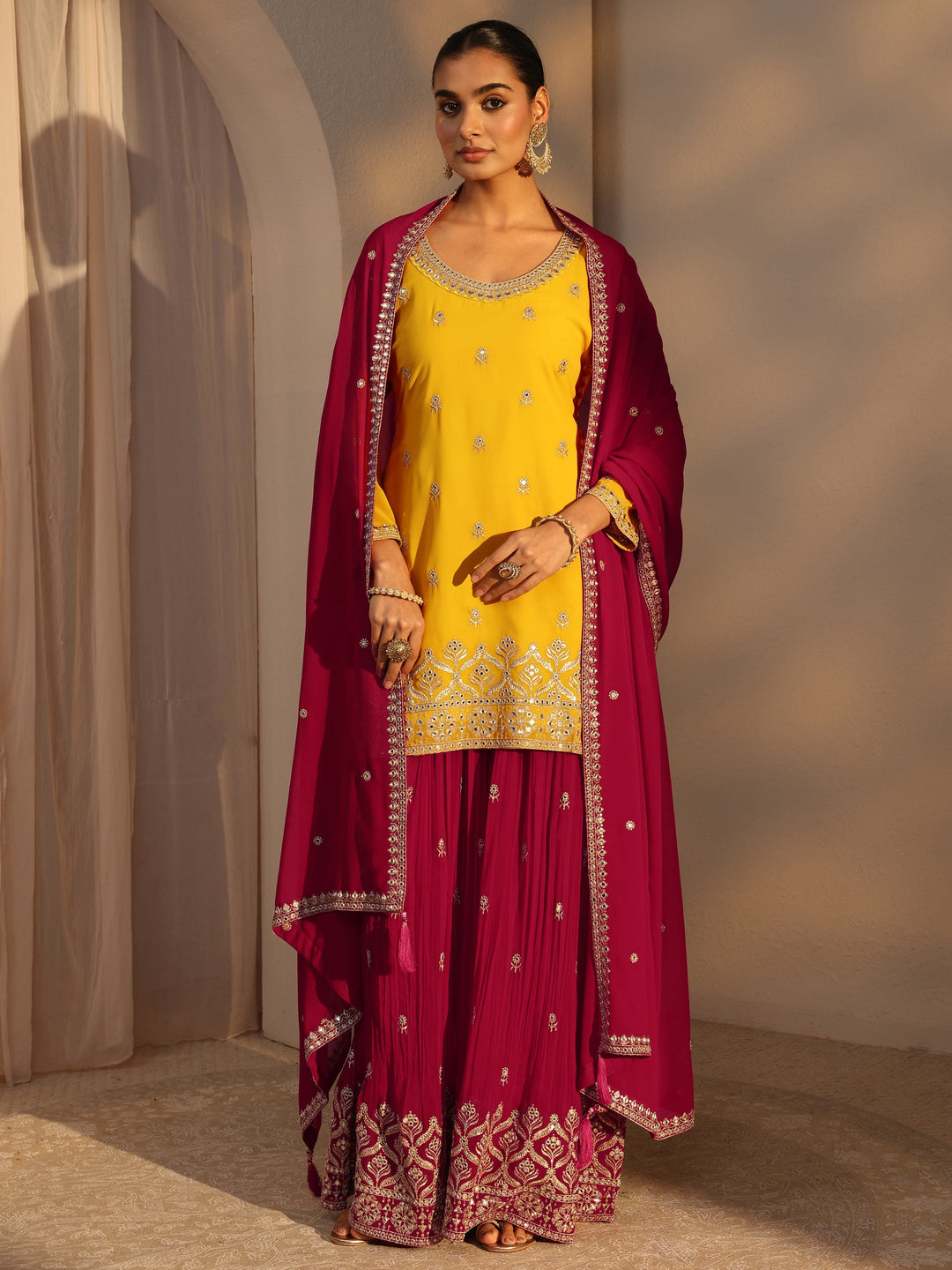  Libas Art Yellow Floral Embroidered Georgette Straight Suits Set With Dupatta 