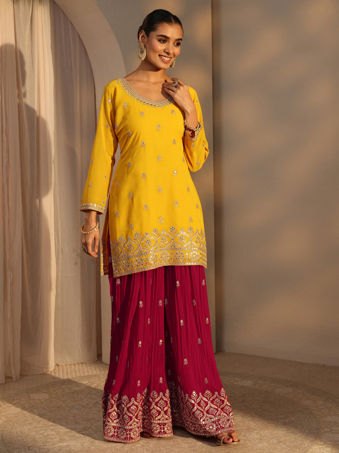  Libas Art Yellow Floral Embroidered Georgette Straight Suits Set With Dupatta 