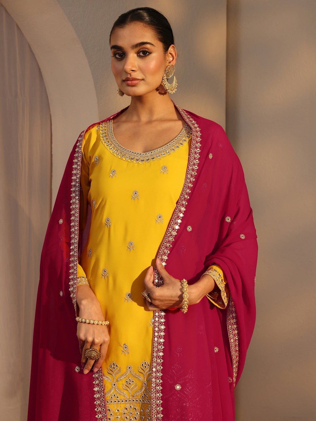  Libas Art Yellow Floral Embroidered Georgette Straight Suits Set With Dupatta 