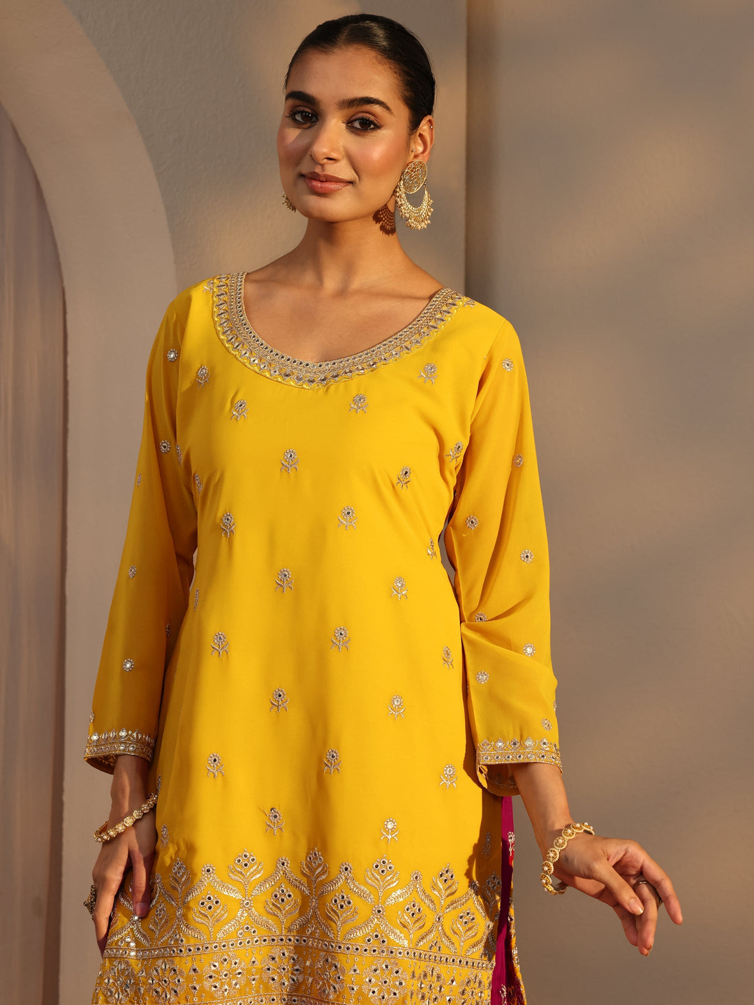  Libas Art Yellow Floral Embroidered Georgette Straight Suits Set With Dupatta 
