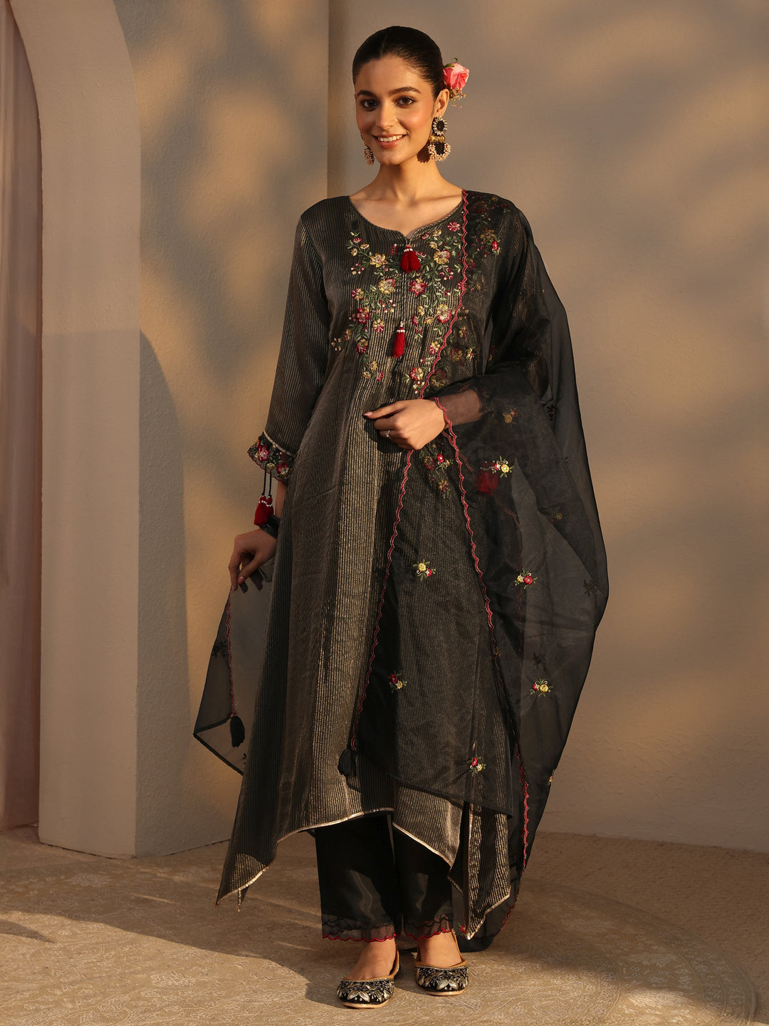  Black Floral Embroidered Organza A-Line Suits Set With Dupatta 