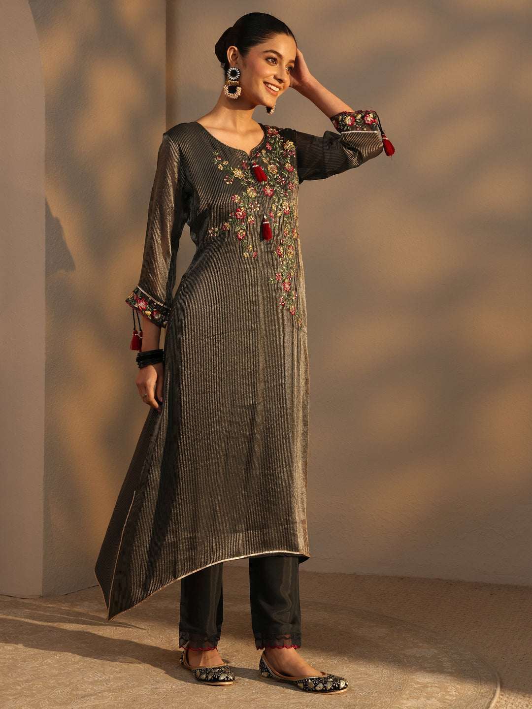  Black Floral Embroidered Organza A-Line Suits Set With Dupatta 