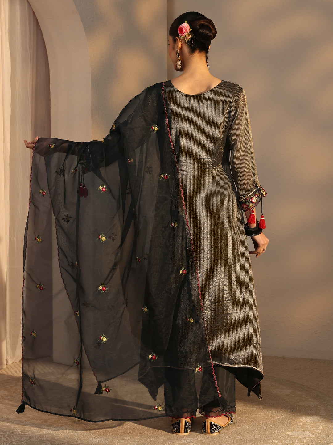  Black Floral Embroidered Organza A-Line Suits Set With Dupatta 