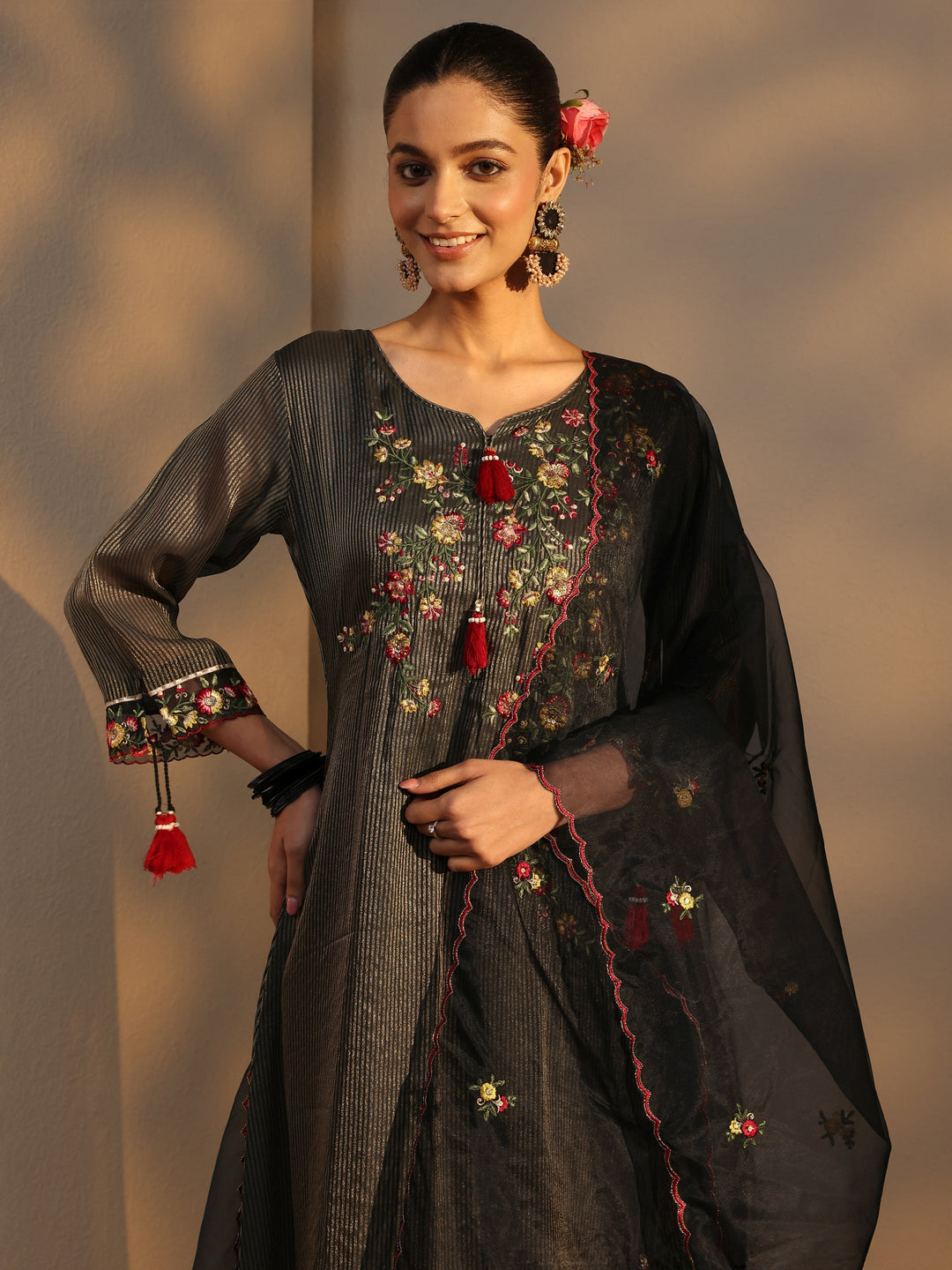  Black Floral Embroidered Organza A-Line Suits Set With Dupatta 