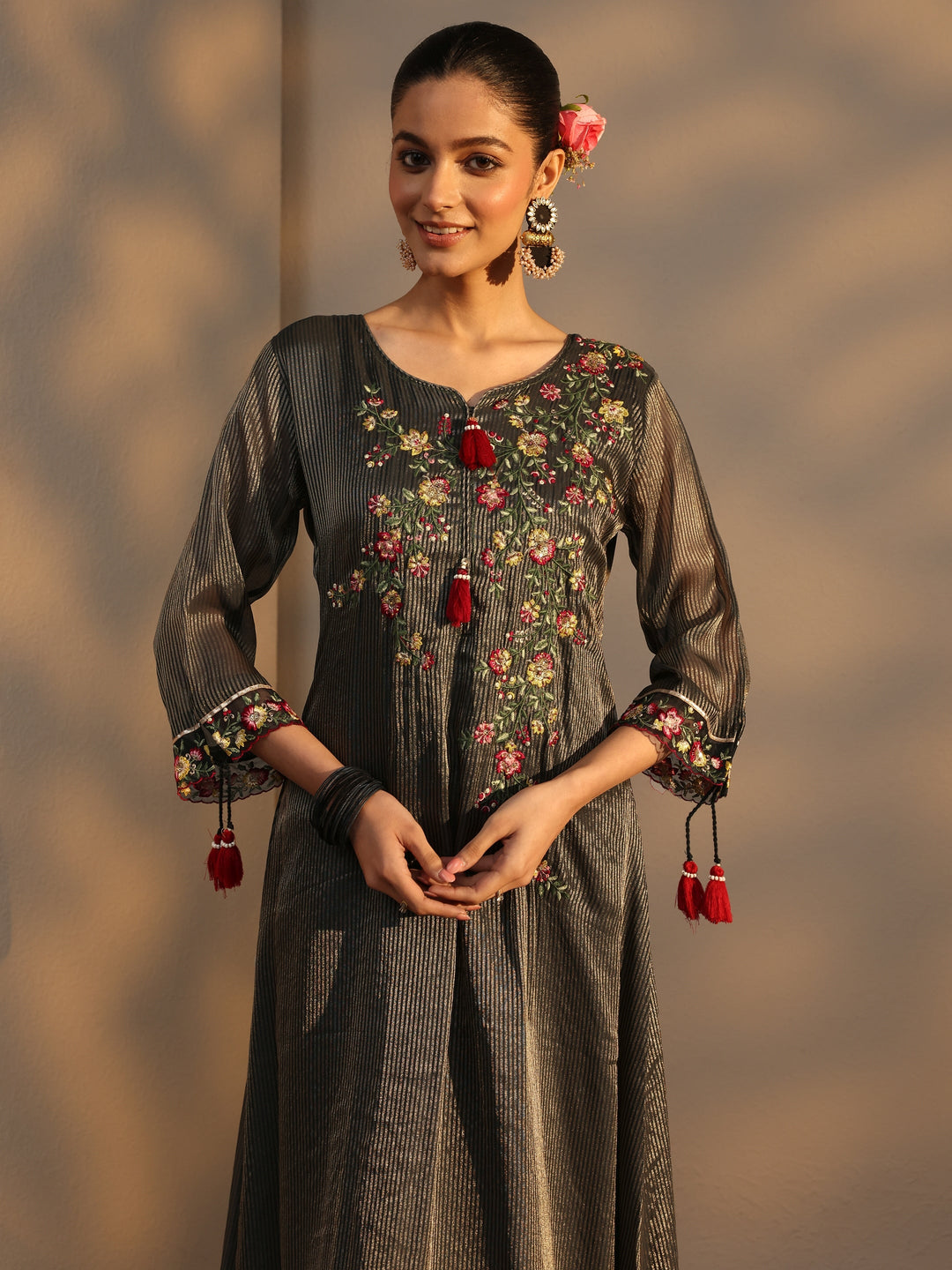  Black Floral Embroidered Organza A-Line Suits Set With Dupatta 