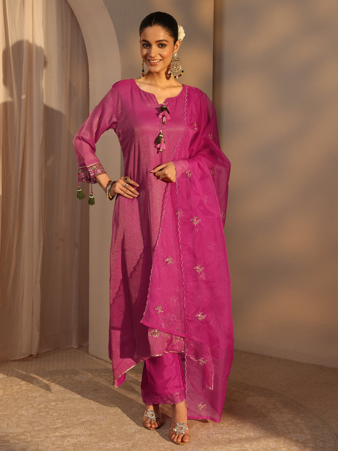  Pink Floral Embroidered Organza A-Line Suits Set With Dupatta 