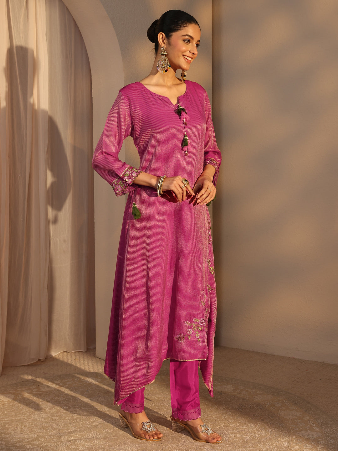  Pink Floral Embroidered Organza A-Line Suits Set With Dupatta 