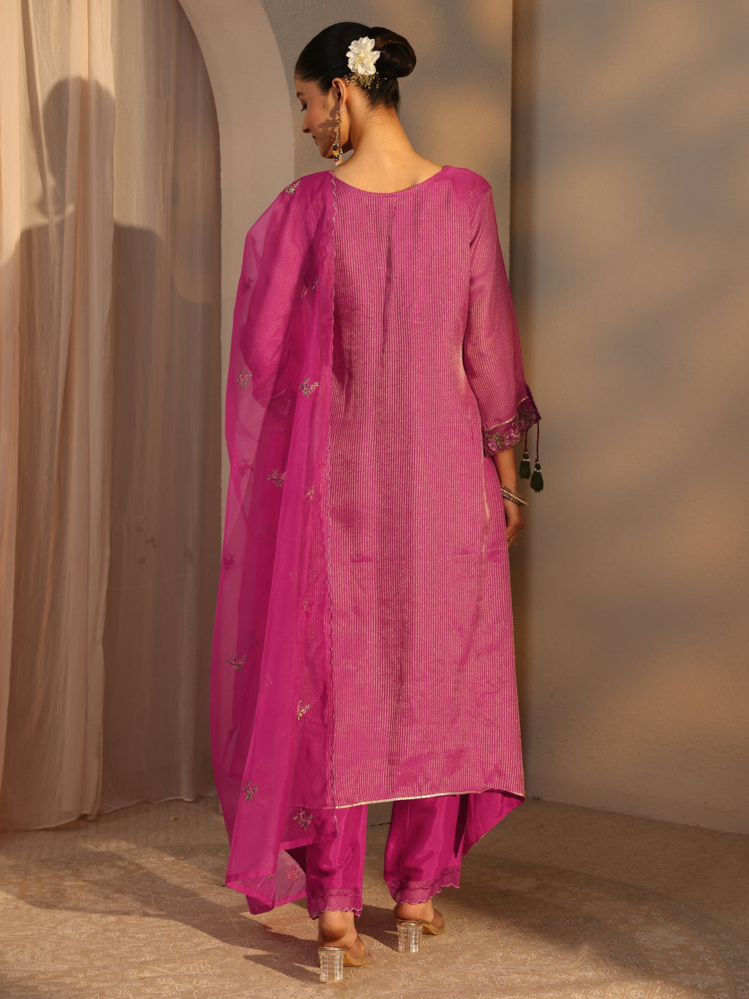  Pink Floral Embroidered Organza A-Line Suits Set With Dupatta 