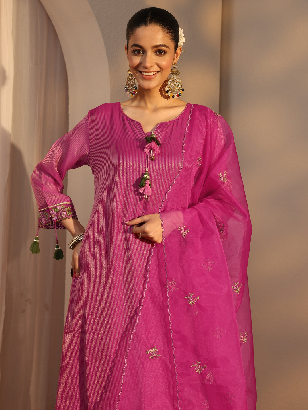  Pink Floral Embroidered Organza A-Line Suits Set With Dupatta 