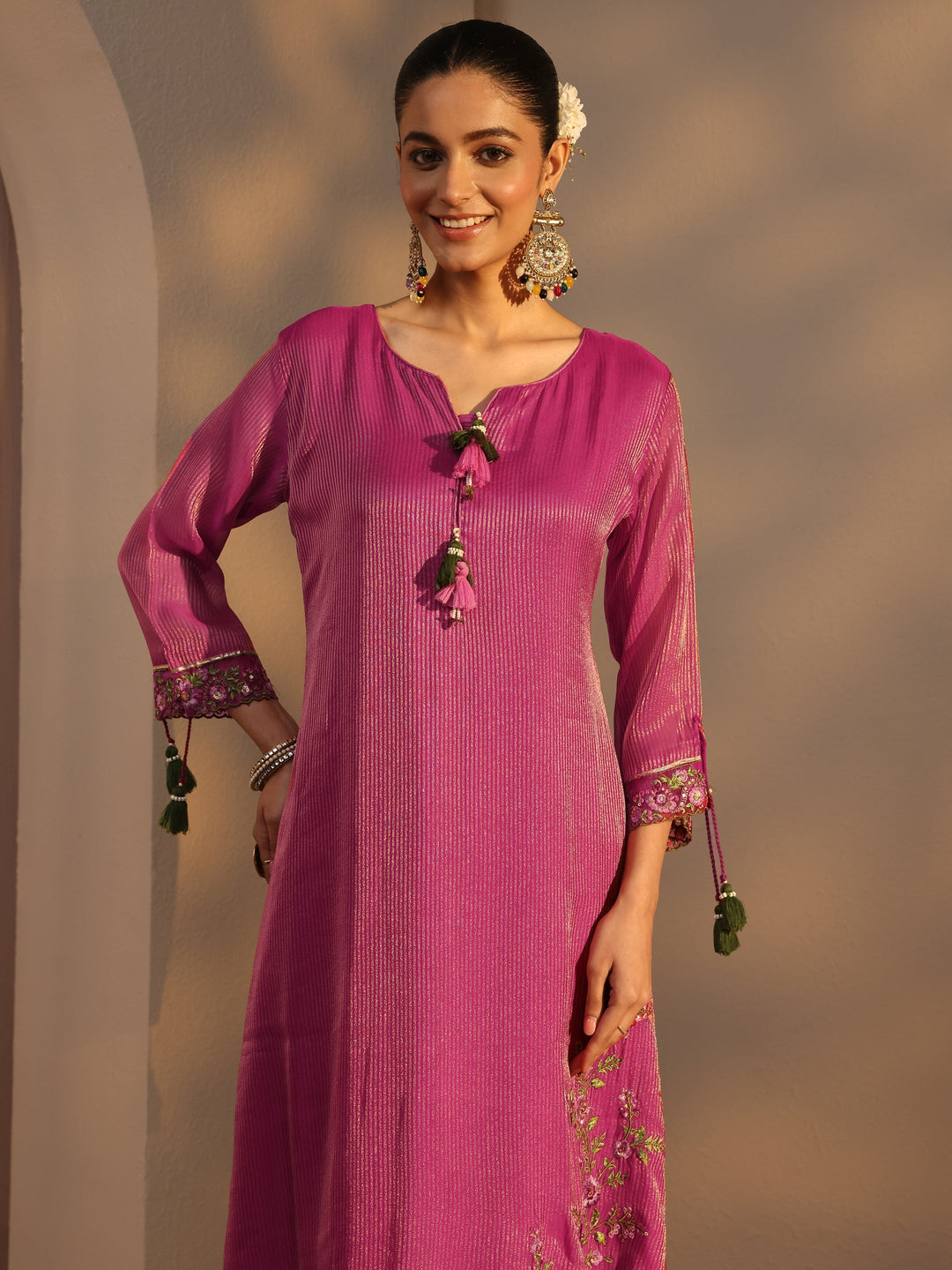 Pink Floral Embroidered Organza A-Line Suits Set With Dupatta 
