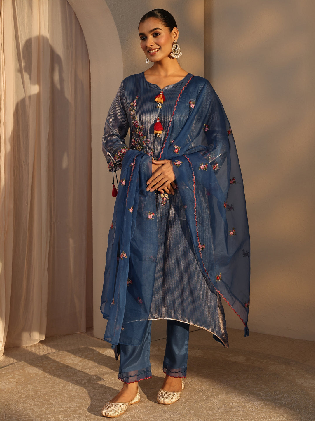  Blue Floral Embroidered Organza A-Line Suits Set With Dupatta 