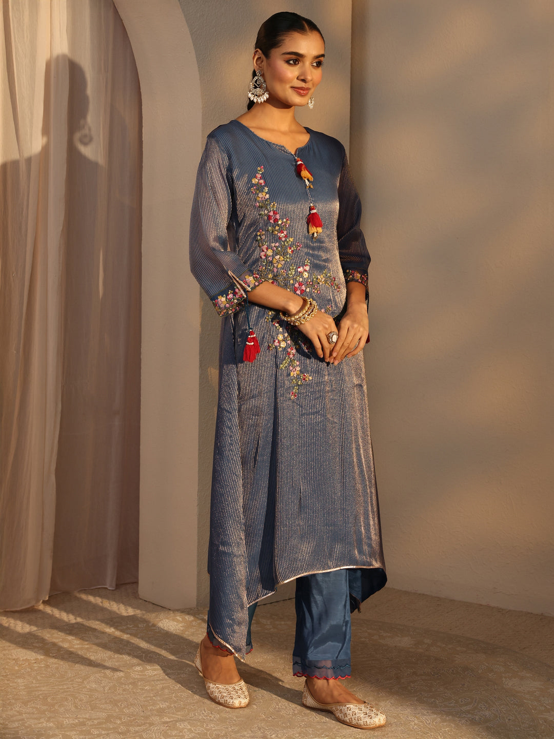  Blue Floral Embroidered Organza A-Line Suits Set With Dupatta 