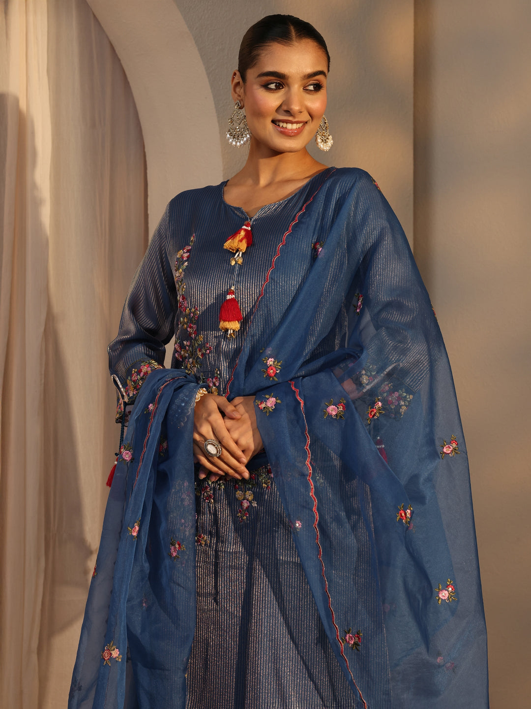  Blue Floral Embroidered Organza A-Line Suits Set With Dupatta 