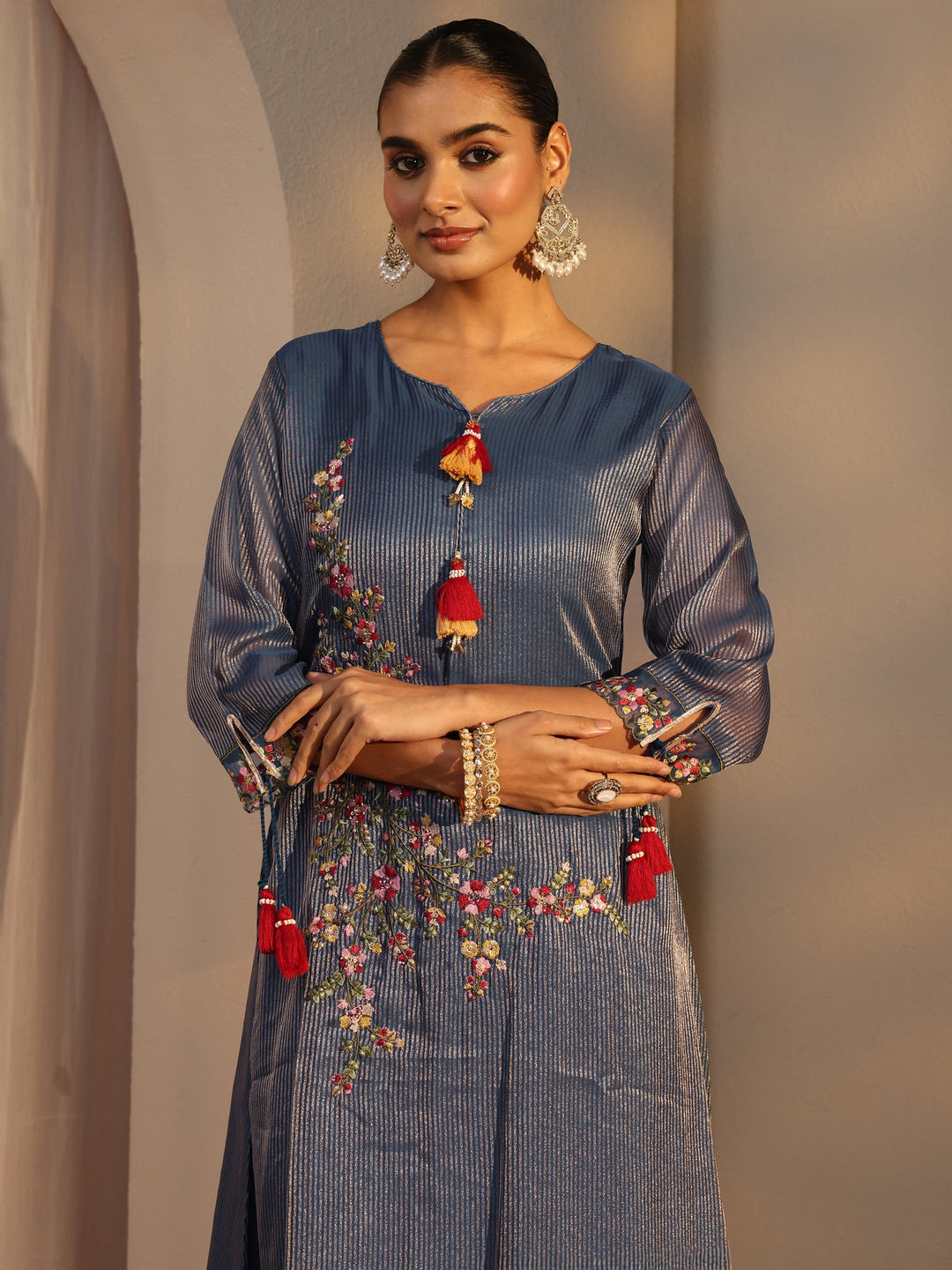  Blue Floral Embroidered Organza A-Line Suits Set With Dupatta 