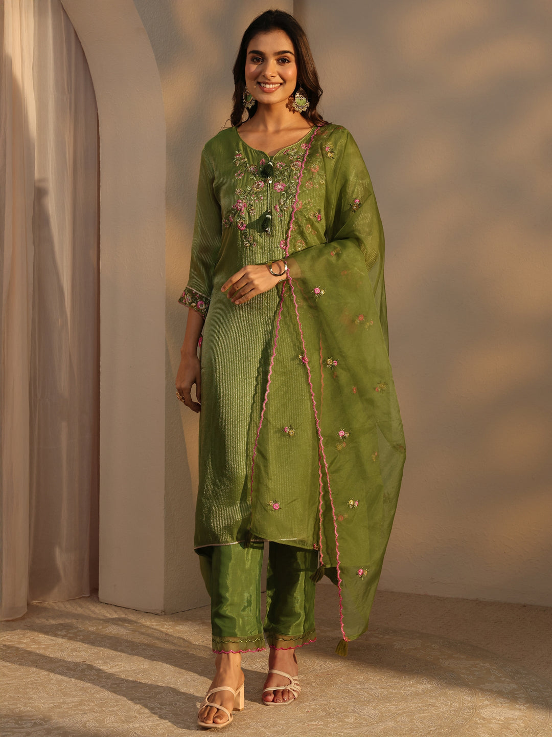  Green Floral Embroidered Organza A-Line Suits Set With Dupatta 