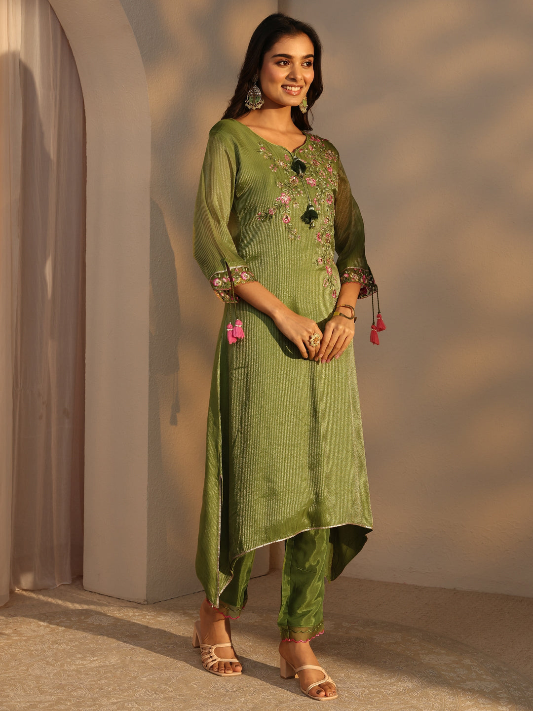  Green Floral Embroidered Organza A-Line Suits Set With Dupatta 