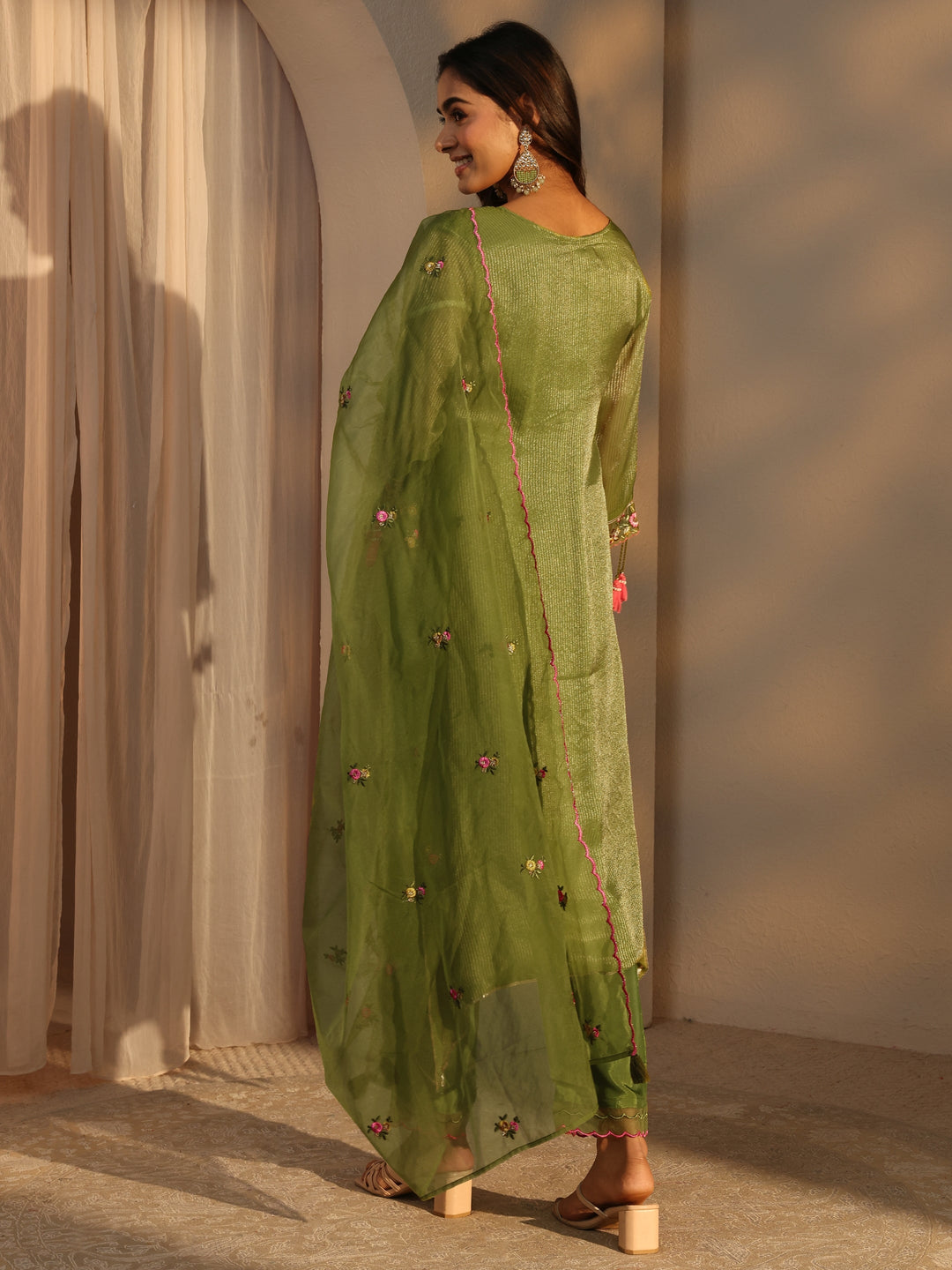  Green Floral Embroidered Organza A-Line Suits Set With Dupatta 