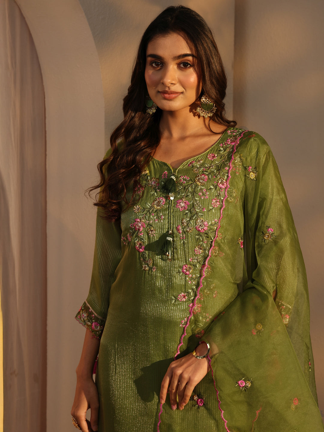  Green Floral Embroidered Organza A-Line Suits Set With Dupatta 
