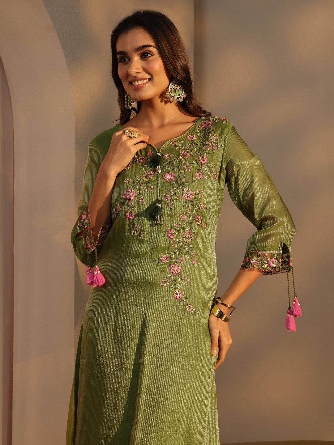  Green Floral Embroidered Organza A-Line Suits Set With Dupatta 