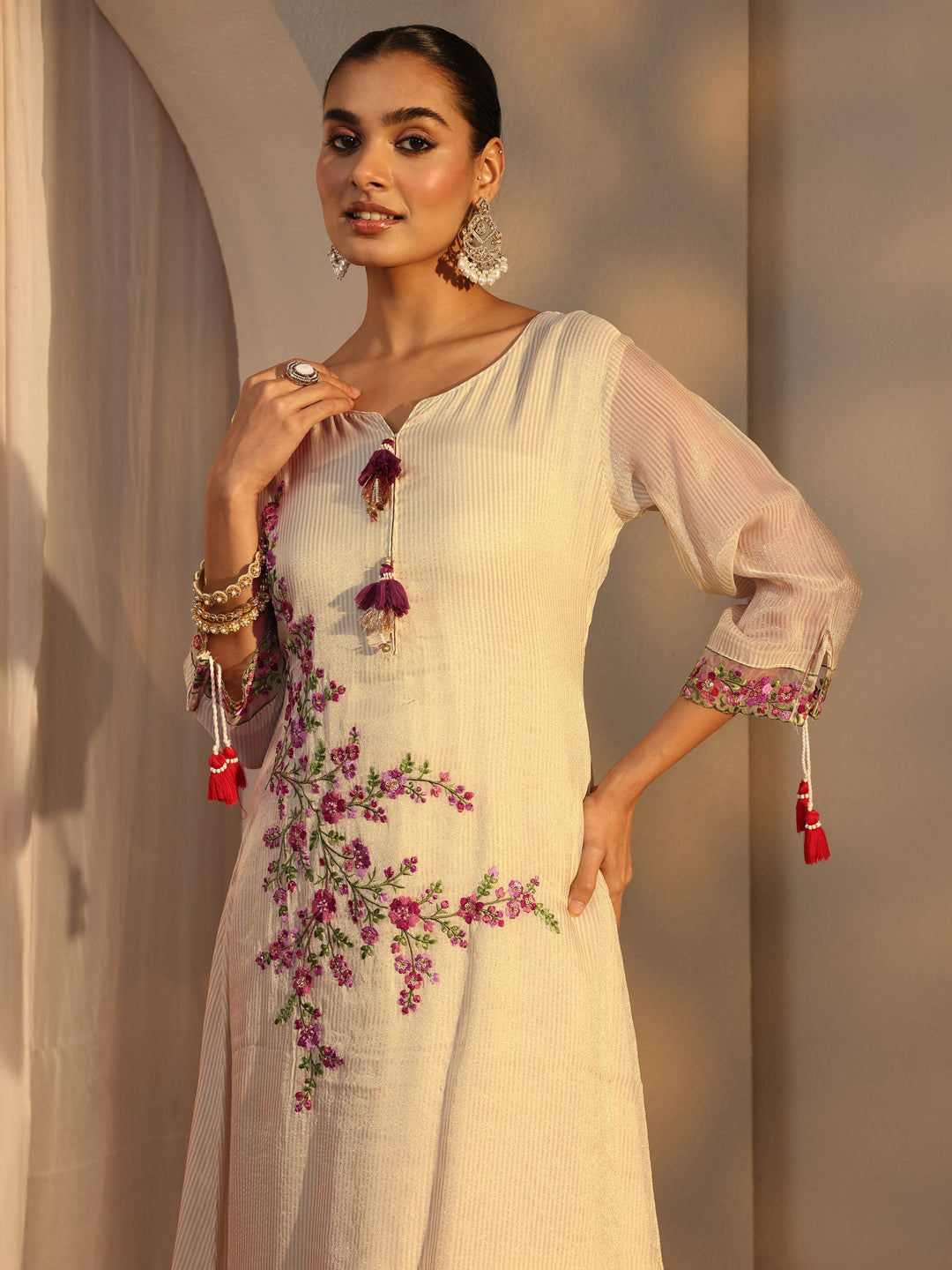  Off White Floral Embroidered Organza A-Line Suits Set With Dupatta 