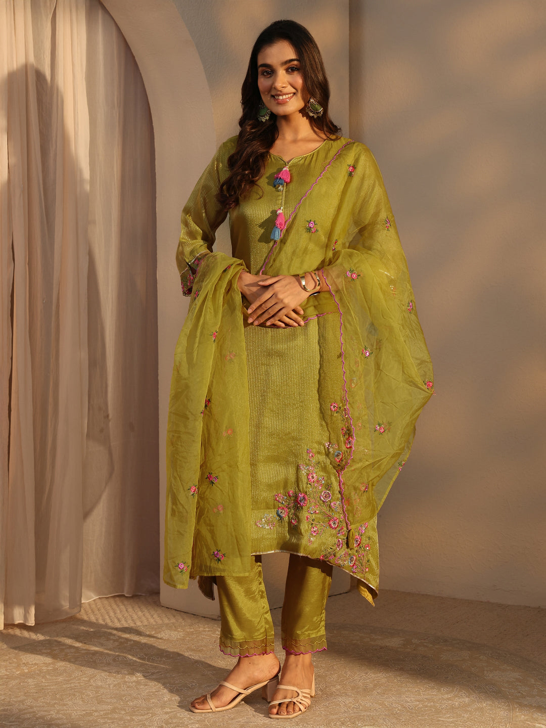  Green Floral Embroidered Organza A-Line Suits Set With Dupatta 