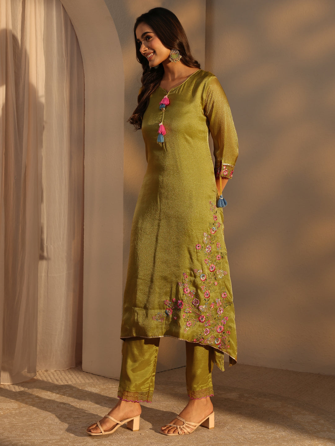  Green Floral Embroidered Organza A-Line Suits Set With Dupatta 