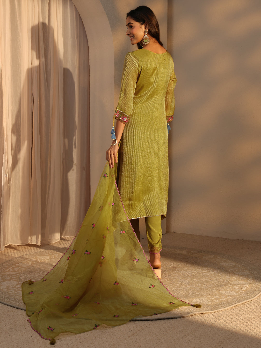  Green Floral Embroidered Organza A-Line Suits Set With Dupatta 