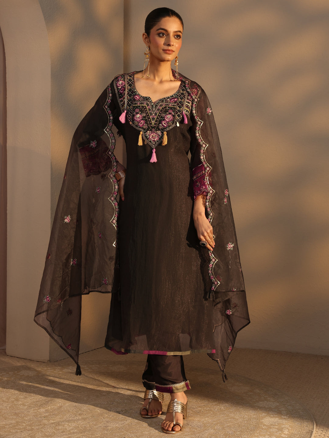  Charcoal Ethnic Embroidered Organza A-Line Suits Set With Dupatta 