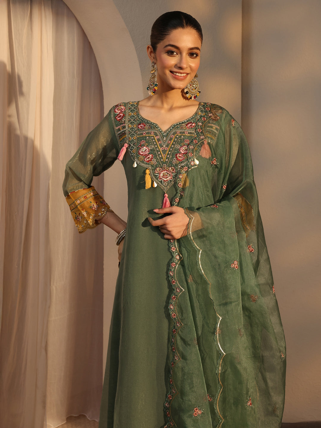  Green Ethnic Embroidered Organza A-Line Suits Set With Dupatta 