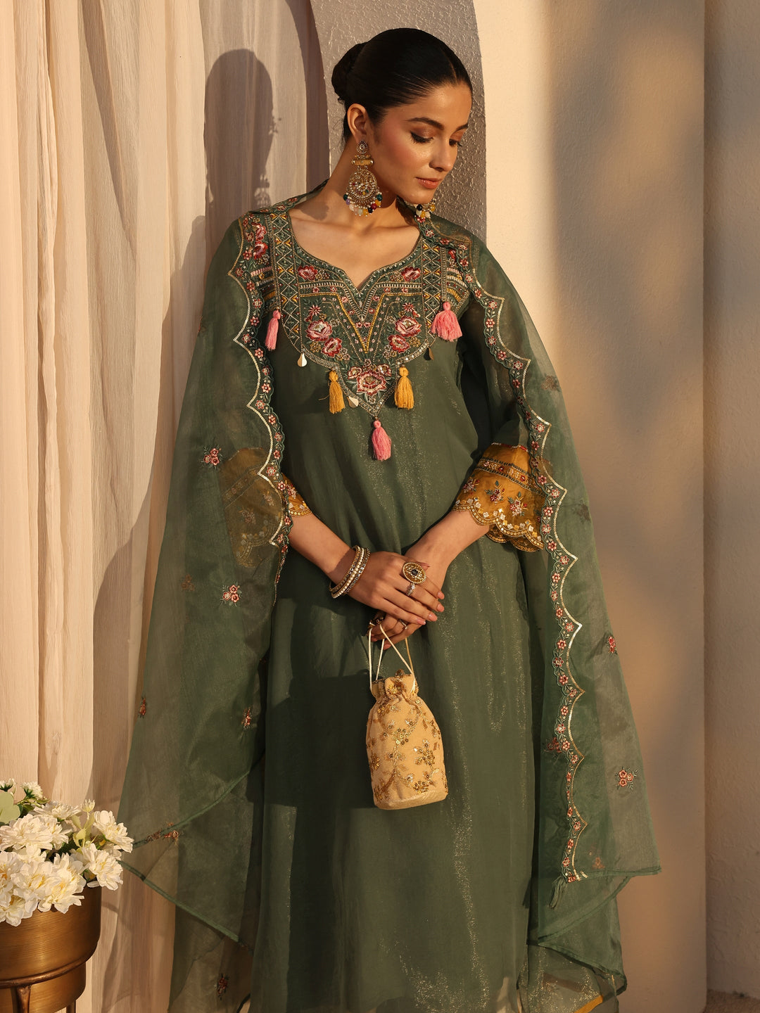  Green Ethnic Embroidered Organza A-Line Suits Set With Dupatta 