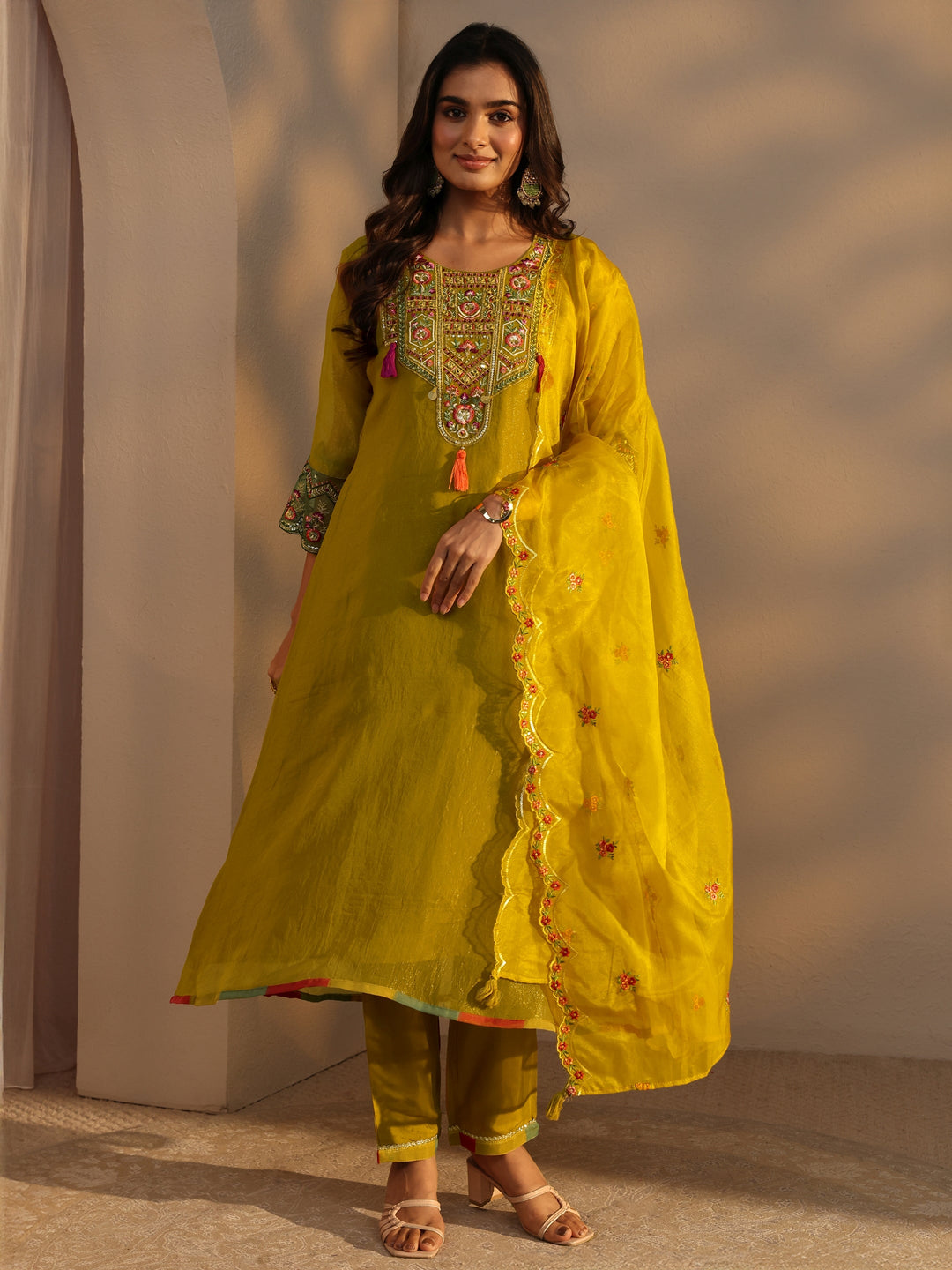  Mustard Ethnic Embroidered Organza A-Line Suits Set With Dupatta 