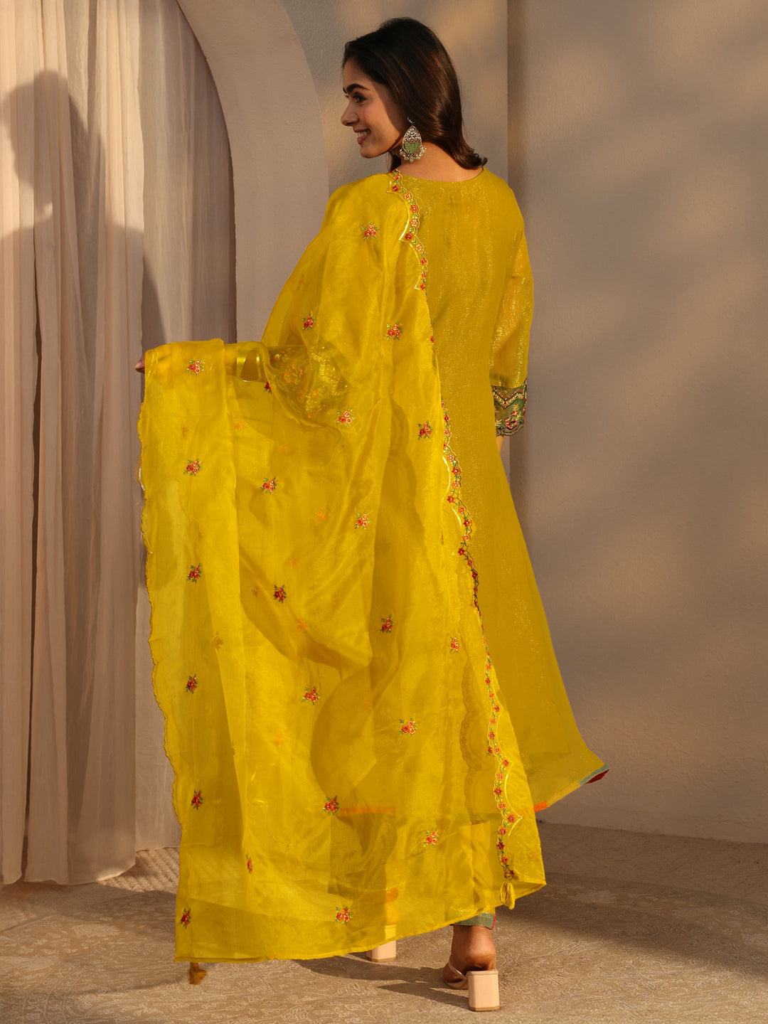  Mustard Ethnic Embroidered Organza A-Line Suits Set With Dupatta 