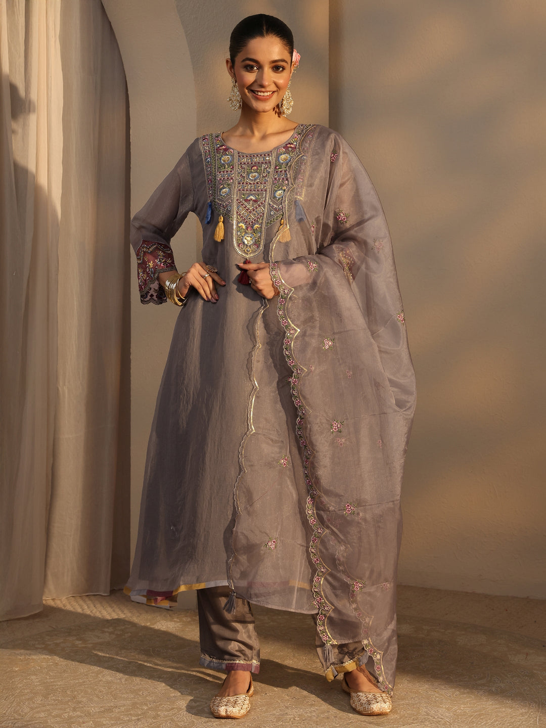  Grey Ethnic Embroidered Organza A-Line Suits Set With Dupatta 