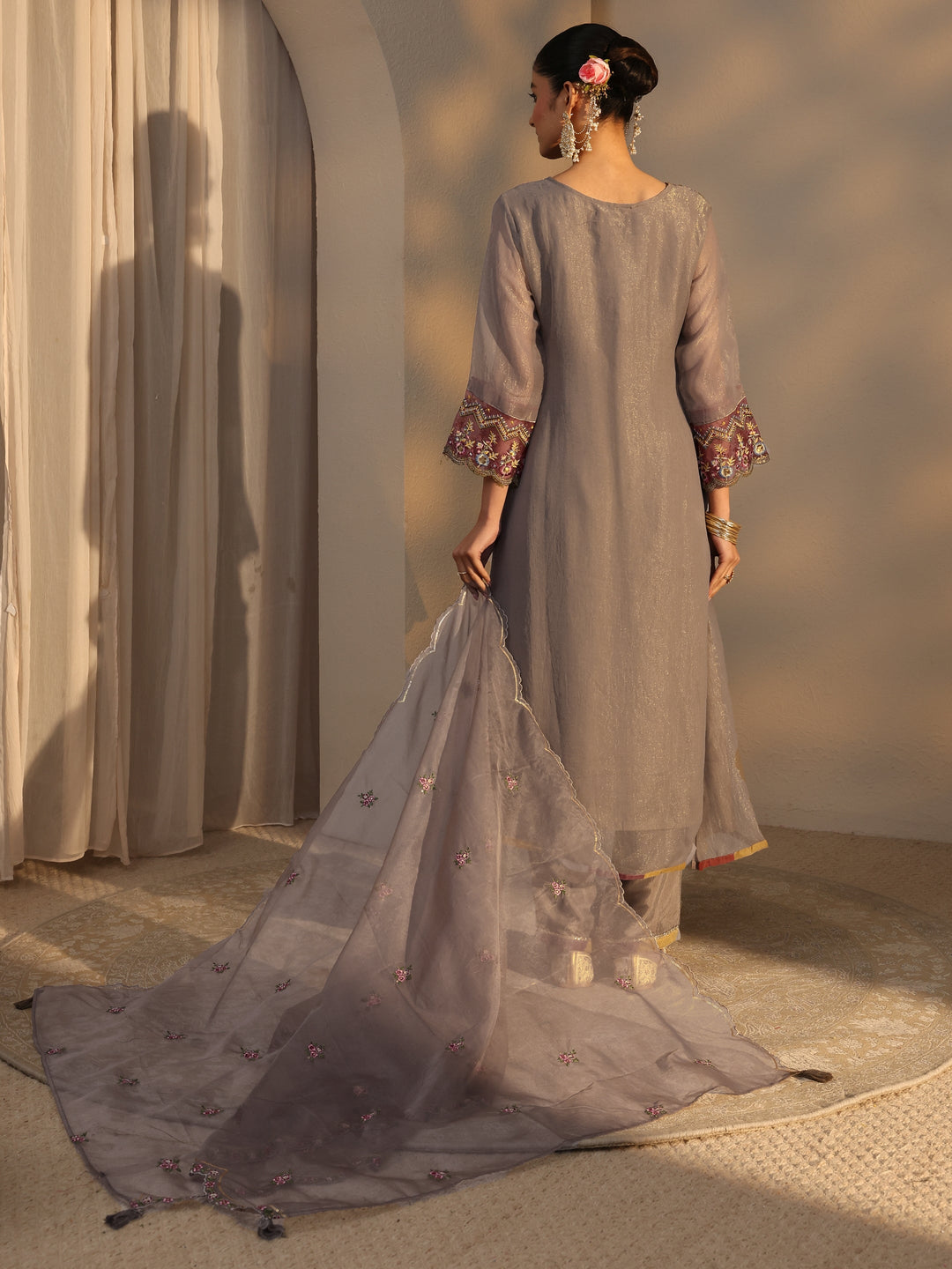  Grey Ethnic Embroidered Organza A-Line Suits Set With Dupatta 