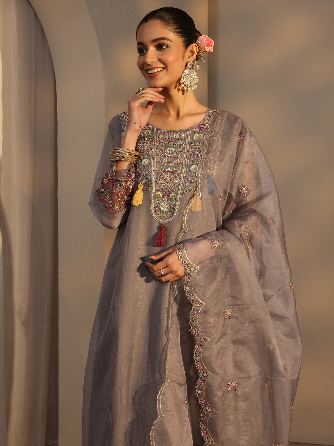  Grey Ethnic Embroidered Organza A-Line Suits Set With Dupatta 
